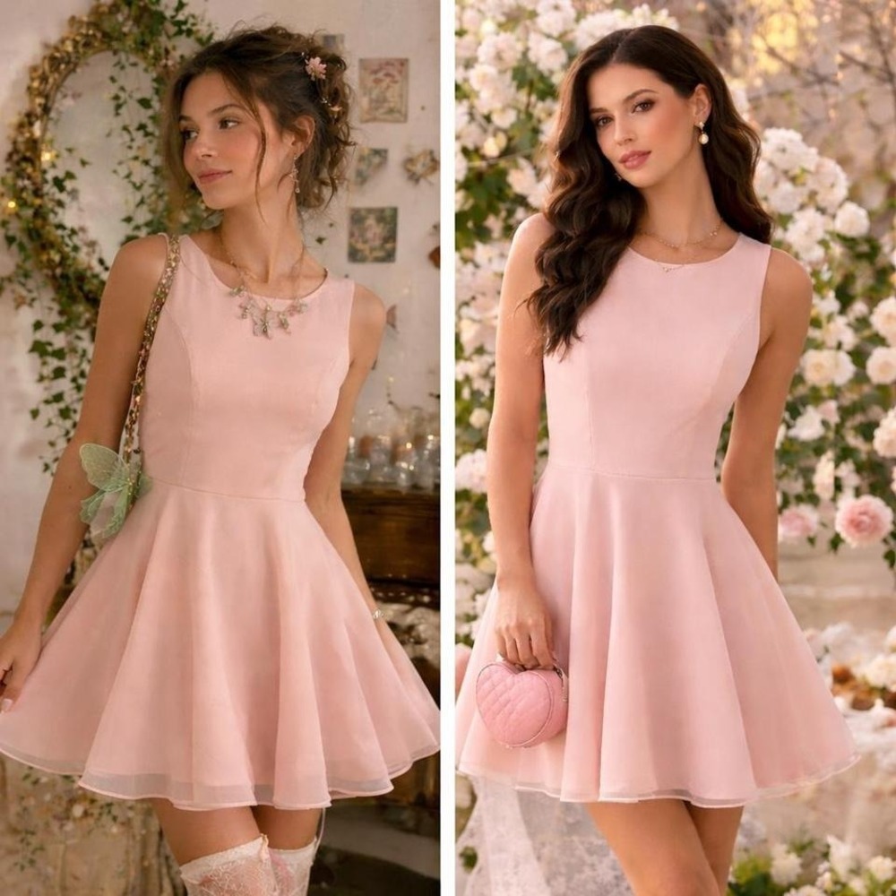 Tempo Paris Pink Fit Flare Dress Sz 6 Sheer Tie Back Coquette Mini Fairy  Ballet